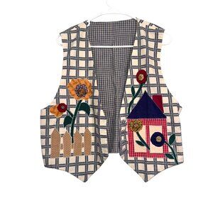 Handmade Quilted Cotton Vest With Appliqué House & Flowers Design Button Closure